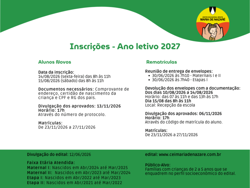 Inscrições e Rematrículas – Ano Letivo 2027